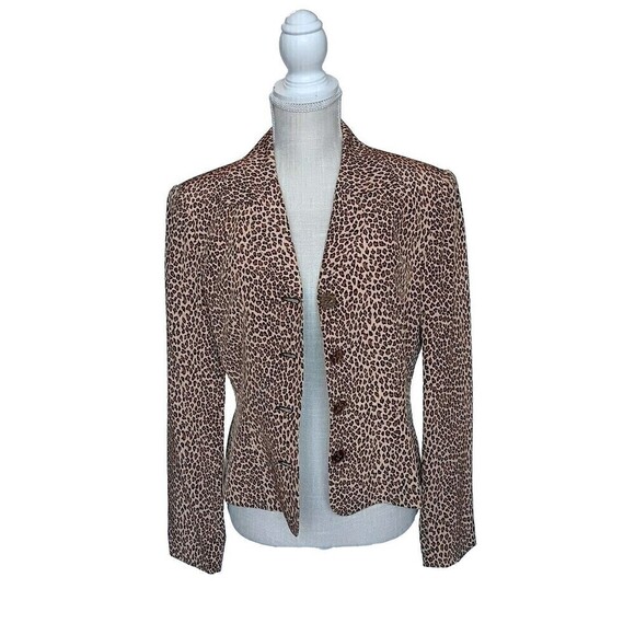 Vintage Allison Taylor Size M 100% Silk Brown/Beige Animal Print Lined Blazer - Picture 1 of 9
